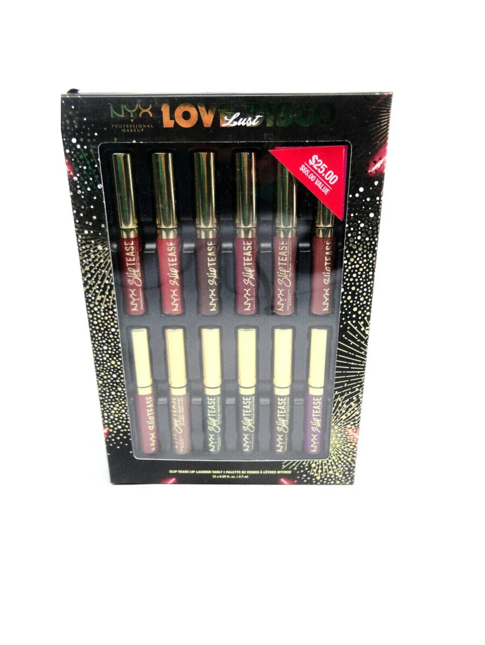 NYX Cosmetics 12 Pc Lip Lacquer Travel size Set Slip Tease Vault Love Disco Lust